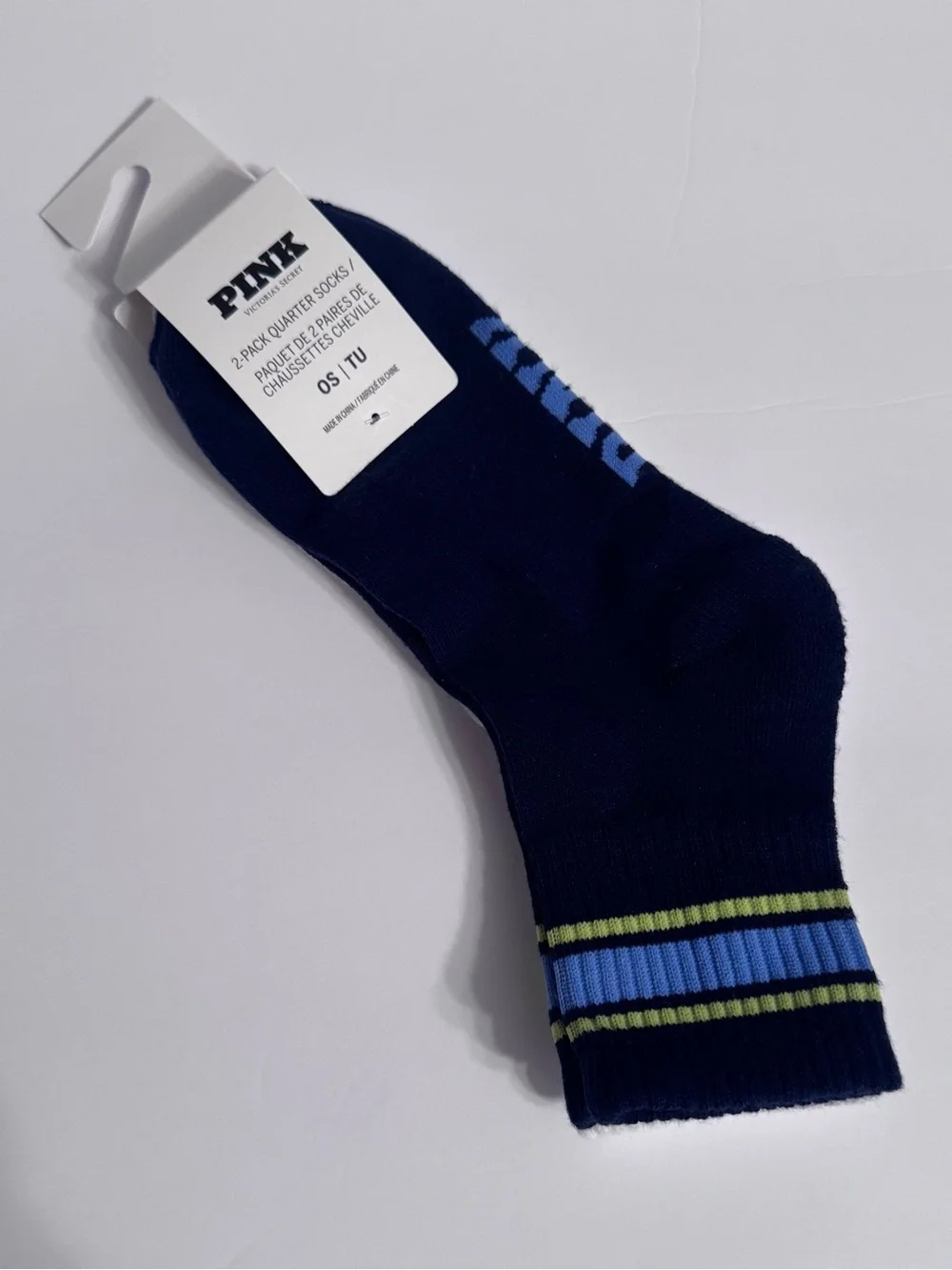 PINK Victoria's Secret Navy & White Quarter Socks with Blue Lime Stripes 2 Pack - Picture 2 of 7